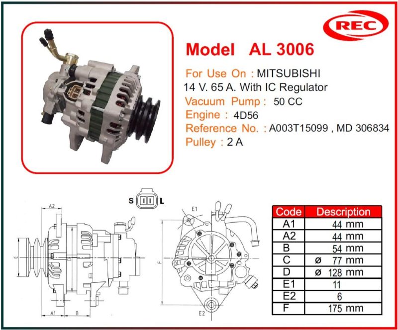 Máy phát điện ô tô MITSUBISHI 14V-65A, puly 2A, A003T15099, MD306834