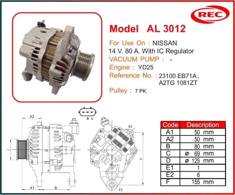 Máy phát điện ô tô NISSAN 12V-80A, puly 7pk, 23100EB71A, A2TG1081ZT