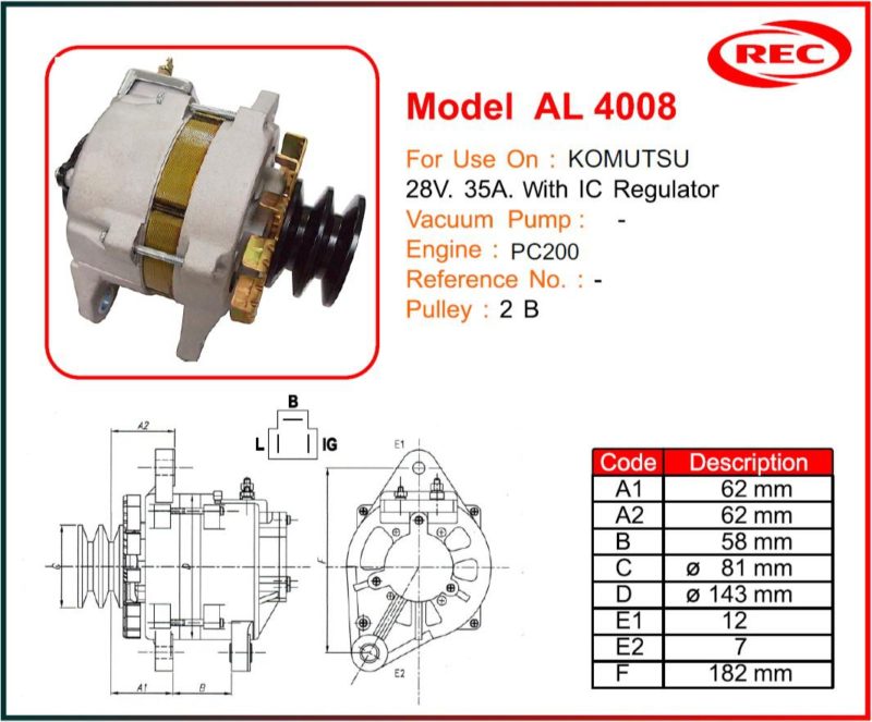 Máy phát điện xe KOMUTSU 24V-35A, puly 2B