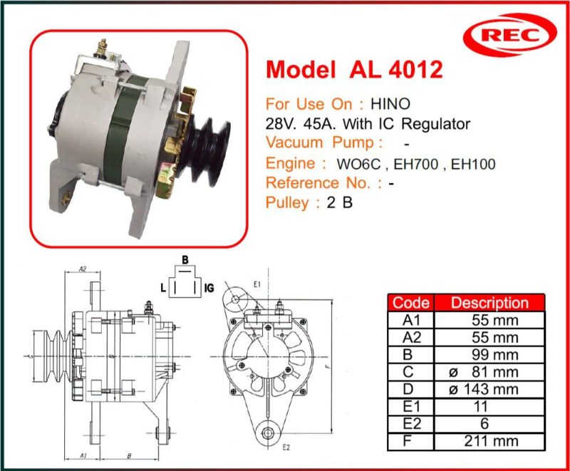 Máy phát điện xe HINO 24V-45A, puly 2B