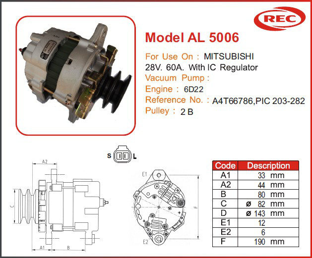 Máy phát điện ô tô MITSUBISHI 24V-60A, puly 2B, A4T66786, PIC203-282