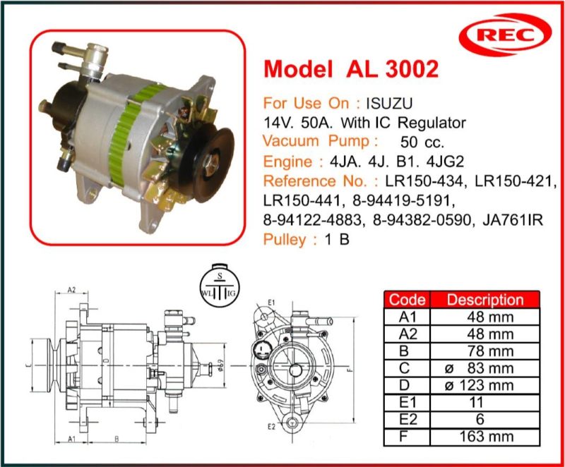 Máy phát điện ô tô ISUZU 12V-50A, puly 1B, LR150-434, LR150-421, LR150-441, 8-94419-5191, 8-94122-4883, 8-94382-0590, JA761IR